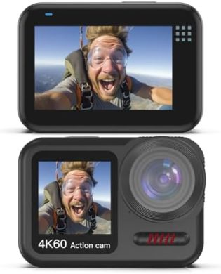 4K 60FPS Waterproof Action Camera,Bare Metal 66FT Underwater Camera,2" Touch Dual Screen Sports 6-Axis Stabilization,2 Batteries Internal Microphone Vlog Camera for Diving Cycling Outdoor