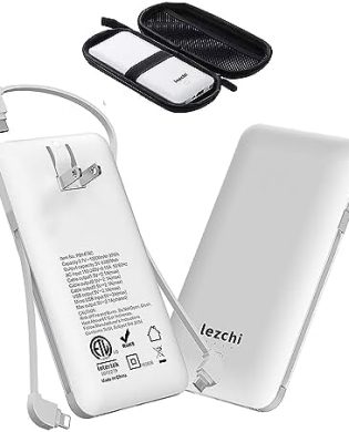 Portable Power Bank, Ultra Slim 10000mAh Portable Charger, USB C External Battery Pack with Built-in AC Plug, Charging Cable, Output Port, Compatible with All Kinds of Cellphones …