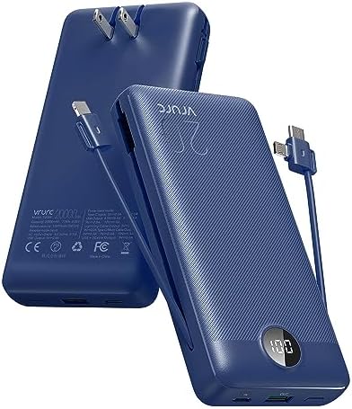 VRURC Portable Charger 20000mAh, Fast Charging Power Bank USB C,4 Output 2 Input Travel Essentials Charging Bank Equipped with LED Display,Built-in Wall Plug and Cables,Phone Charger Battery,Navy